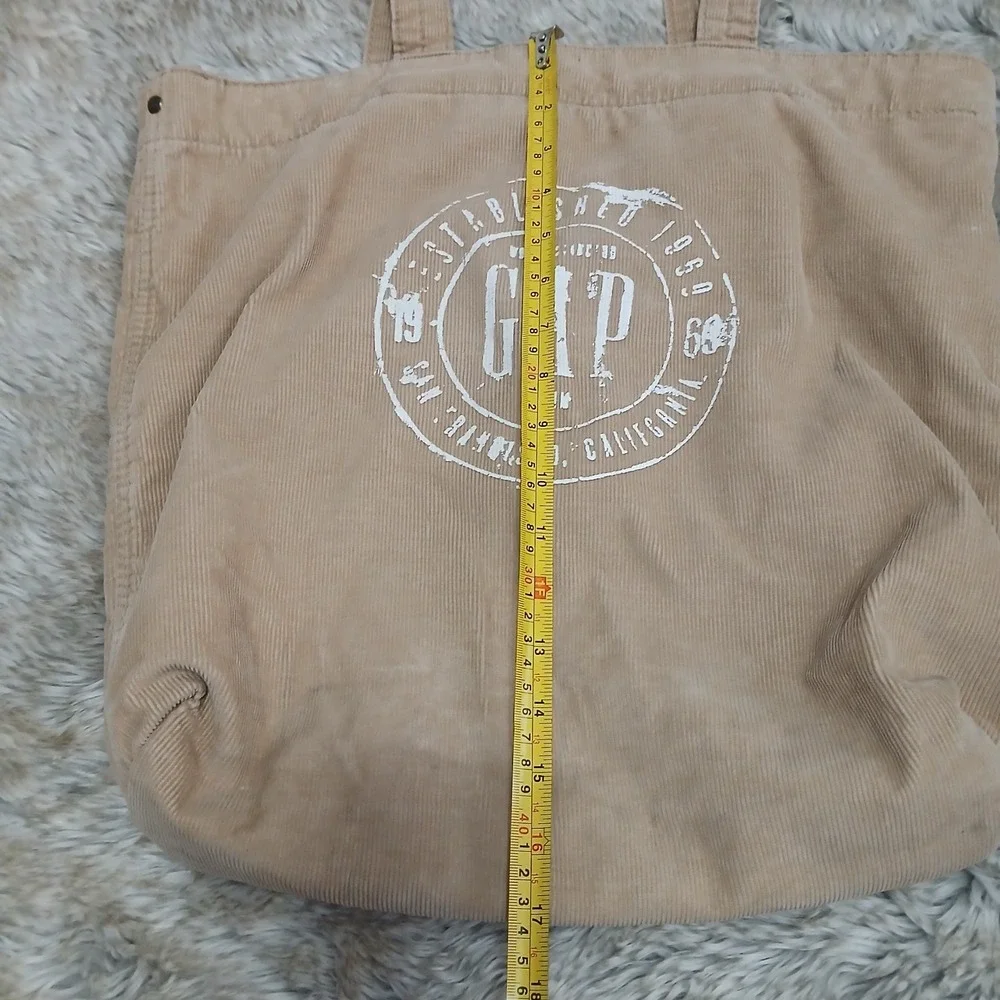 GAP Beige Corduroy Tote Bag Logo Print San Francisco 1969 Pocket Y2K Casual